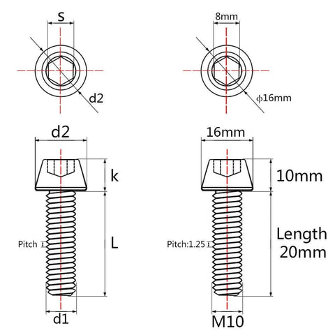 Diagram of Titanium DIN 912 Socket Head Cap Screws M10x25mm Pack Of 4 Grade 5 6AL-4V Hex Allen Bolts with dimensions