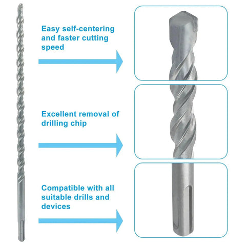 Side view of Two Pack SDS Plus Rotary Hammer Drill Bits One Half Inch By Twelve Inch Carbide Tipped Masonry Drill Bits For Concrete Brick Stone And Cement Optimized For Fast Precise Drilling In Heavy Duty Applications, showing features and cutting edges.