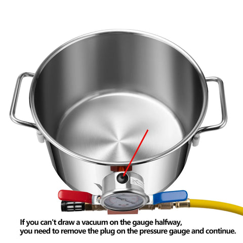3-gallon stainless steel vacuum degassing chamber with pressure gauge, red and blue valve handles, and yellow hose