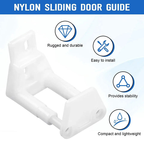 Adjustable Sliding Door Guide Set For Barn And Pocket Doors Floor Guide With Wall Mount RV Sliding Door Hardware Closet Door Guides For Carpet Barn Pocket Door Bottom Floor Guide Includes 2 Packs And 4 Screws, white nylon guide with features labeled.