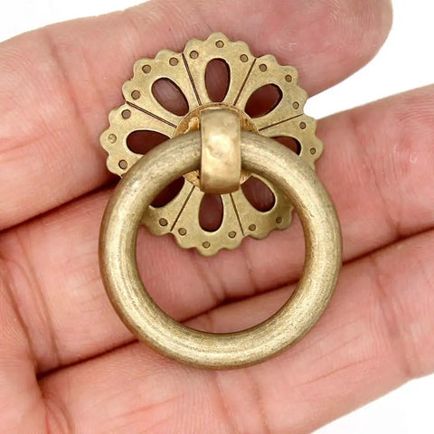 Set Of 6 Vintage Antique Brass Ring Pulls For Cabinets With Hollowed Dome Base And Flower Like Design