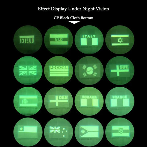 Infrared reflective patches showing various country flags under night vision display.