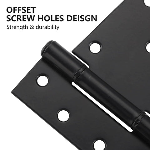 Close-up of heavy duty gate hinge with offset screw holes design in black steel for outdoor wooden gates and fences.