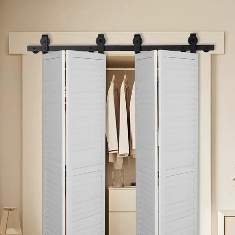 Bi Folding Sliding Barn Door Hardware Track Kit Heavy Duty Steel Rails For Four 12 Inch Closet Pantry Laundry Doors