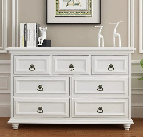 White dresser with antique brass cabinet pulls 4 pack ring pulls for dresser drawers, showcasing vintage single hole mount hardware.