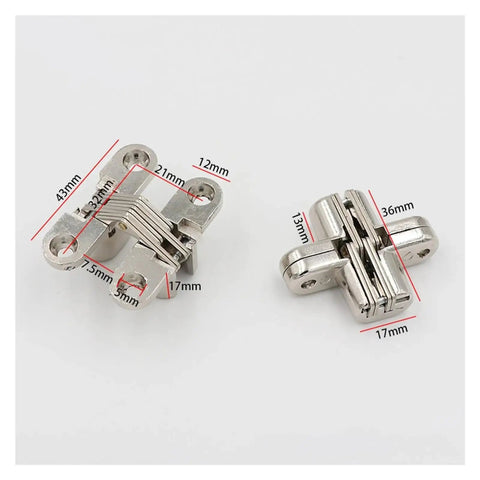 Invisible Hinge Set Concealed Cross Hinges 180 Degree Swing Silver Light Finish, displayed with measurements.