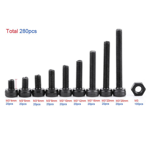 280-Piece M3 Cap Head Hex Socket Bolts And Nuts Assortment Set for tight spaces with various bolt sizes displayed