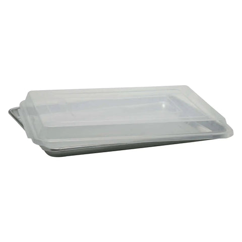 Clear 13 By 18 Inch Sheet Pan Cover Reusable Dishwasher Safe Fits Most Full Or Half Size Aluminum Pans stacked on a metal sheet pan