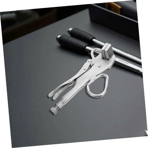 Heavy Duty Adjustable Locking Steel Plate Clamp Pliers on a metal surface for auto body repair and welding, wide duckbill jaw visible