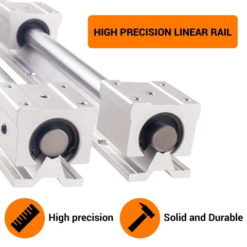 Close-up of Spliced SBR20 Linear Rail Kit 3000mm For DIY CNC Routers Lathes Mills with two carriage blocks in metal construction.
