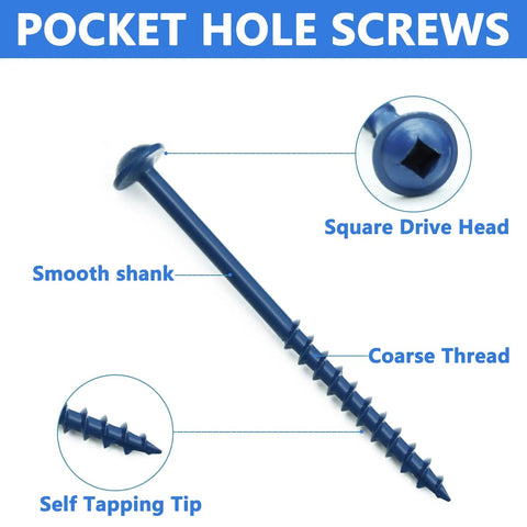 350 Piece Pocket Hole Screws Set With Five Sizes Size Eight To Two And A Half Inch Square Drive Coarse Thread Wood Screws With Blue Coated Finish And Included Drive Bit For Outdoor DIY Projects showing blue coarse thread screw with square drive head.