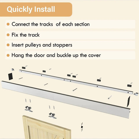 Diagram showing assembly steps for 6Ft Sliding Barn Door Hardware Kit With Low Clearance Aluminum Box Rail For Wooden Interior Doors.
