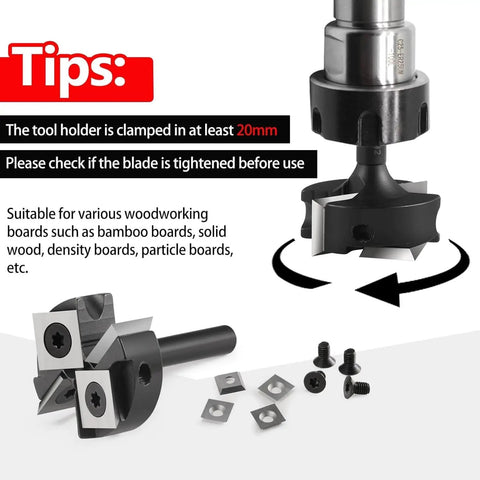 Pro Level Spoilboard Surfacing Router Bit With 1/2 Inch Shank, 1-1/2 Inch Cutting Diameter, showing carbide inserts and blades