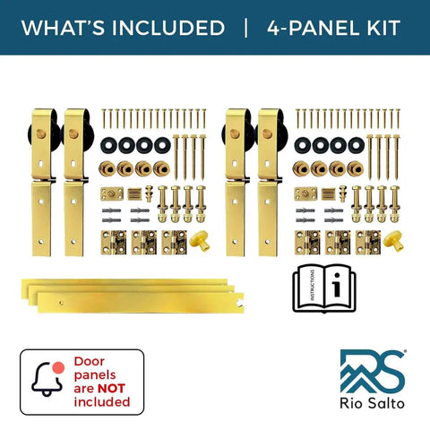 Gold Bi-Fold Barn Door Hardware Kit with heavy-duty metal track system for four doors, includes matching knobs and rollers.