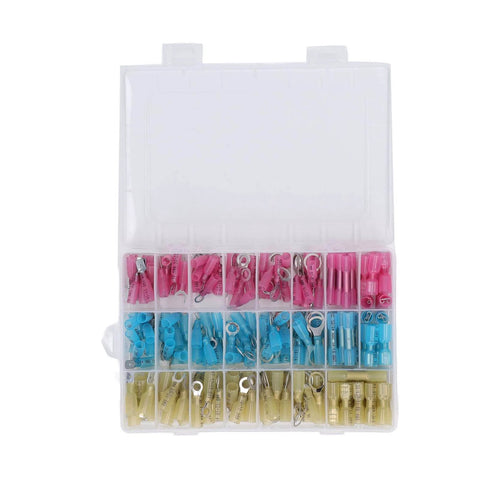 Plastic case with assorted insulated heat shrink butt connectors for Self Adjusting Ratchet Ferrule Crimping Tool Kit.