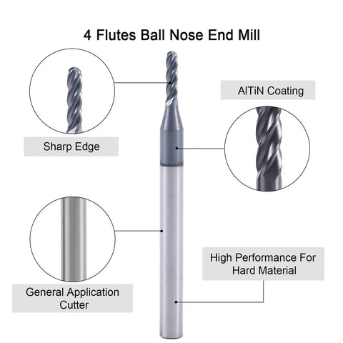 Ball Nose End Mill Cutter 0.0625 Inch Diameter, 0.125 Inch Shank, 4 Flute Micro Grain Carbide CNC Router Bit AlTiN Coated