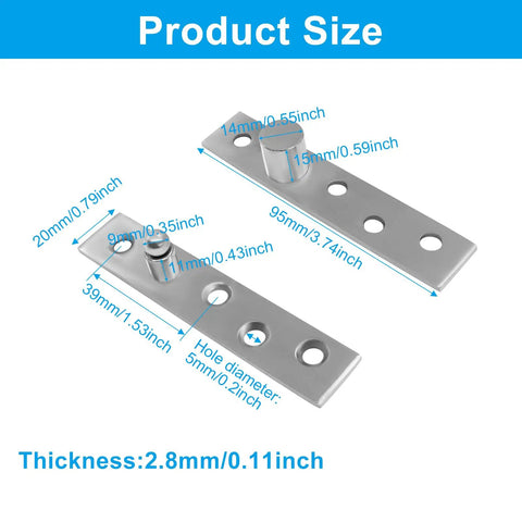 Hidden 180 Degree Pivot Hinges for Secret Doors Two Pack Stainless Steel dimensions shown on white background