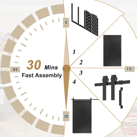 Sliding Barn Door 30x84 Inches Black With Modern Paneled Wave Design, assembly process, complete set, 30-minute setup