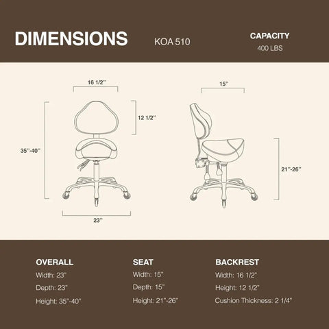 Dimensions of Pneumatic Swivel Saddle Chair With Wheels For Hair Stylists Dentists Hygienists And Spa Pros Ergonomic Back Support All Day Comfort Posture Boost Perfect For Clinic Salon Massage Home Or Office Durable Aluminum Frame In Black
