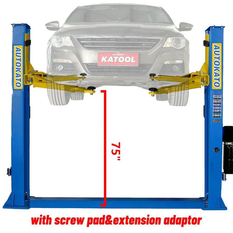 KATOOL 11000lbs two-post car lift with blue posts and yellow arms lifting a car