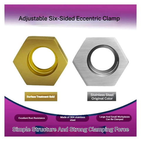 Six Pack CNC Eccentric Clamp Set, Stainless Steel Hexagonal Fixture Clamps With Nut For Workholding, gold and steel finish