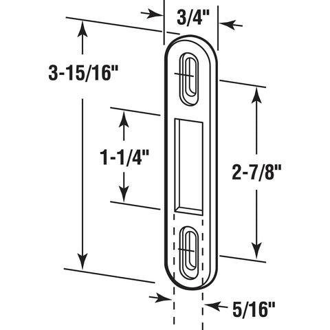 Diagram showing dimensions of MP2097 Sliding Door Keeper In Zinc Plated Steel With Vertical Adjustment for patio doors.