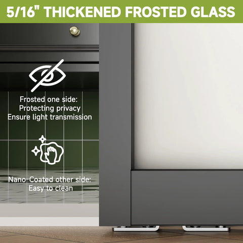 Close-up of Concealed Sleek Sliding Glass Barn Door Kit With Soft Close Hardware, frosted glass, and modern black frame.