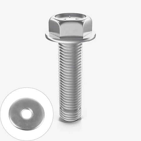 Runseaway M5 stainless steel flat washer with bolt; 5 mm ID, 12 mm OD, 1 mm thick.