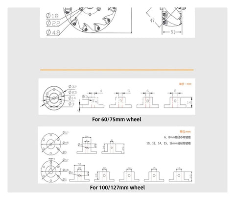 Technical diagrams of Metal Mecanum Wheel Set For DIY Robots Dope Omnidirectional Wheel Kit, dimensions for 60mm to 127mm wheels.