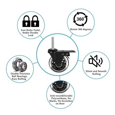 Diagram of features for Three Inch Stem Caster Wheels With Safety Dual Locking And Heavy Duty Threaded Stem Three Eighths By Sixteen Inches By One Point Five Inches, No Noise Swivel Rubber Castors With Sleeve For Industrial Furniture Projects And Moving Set Of Four, including silent rolling and 360-degree rotation.