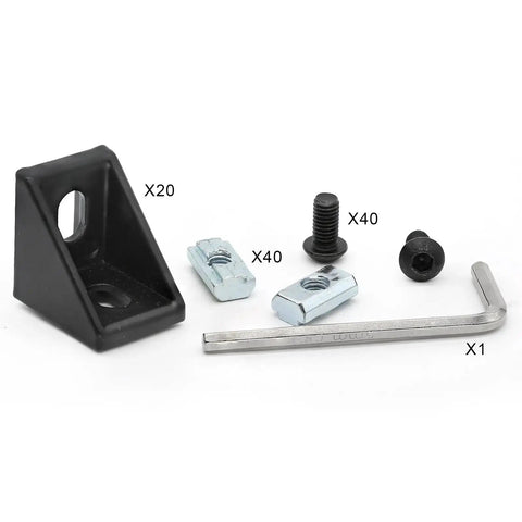 20Pcs 1010 Aluminum Extrusion Corner Brackets With Screws For 1x1 Inch Profile Black Finish Heavy Duty Connector Set components displayed