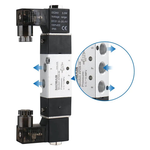 Workhorse Pneumatic Solenoid Air Valve 4V120-06 DC 24V 5 Way 2 Position Internally Piloted Acting Type One Eighth Inch Thread