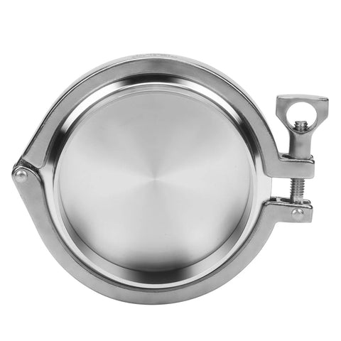 4-inch stainless steel sanitary pipe end cap with tri-clamp and clamp hardware, front view