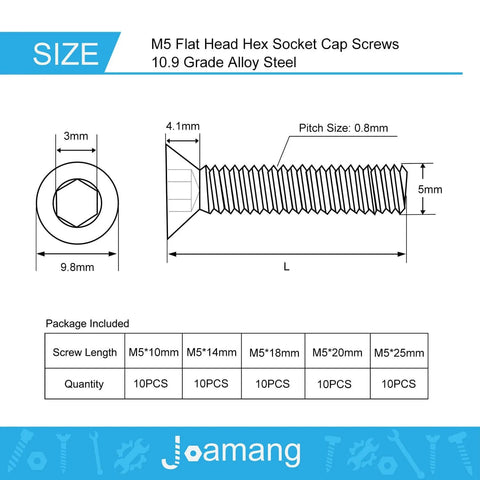 Technical diagram of M5 Flat Head Hex Socket Cap Screws Set, 10.9 Grade Alloy Steel, dimensions and quantity for automotive DIY kit.