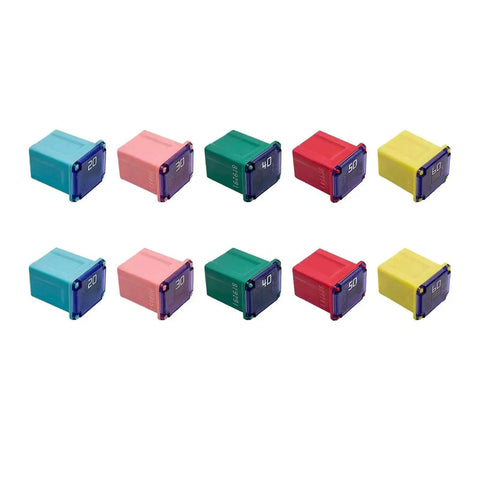 10 Pack Car Square Fuses Low Profile Box Kit with 20A 30A 40A 50A 60A micro cartridge fuses for cars, SUVs, trucks, and RVs.