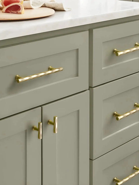 Kitchen cabinets with Brushed Gold Cabinet Knobs 10 Pack Hammered Brass Handles For Cabinets Drawers And Cupboards installed.