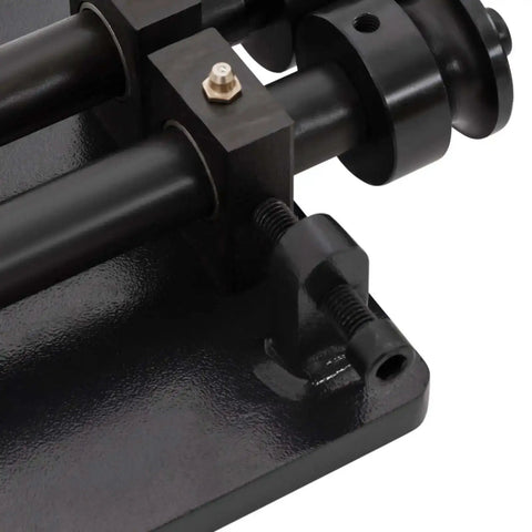 Close-up of a heavy-duty bead roller beading tool for sheet metal fabrication with a 6 die set and 18 gauge capacity.