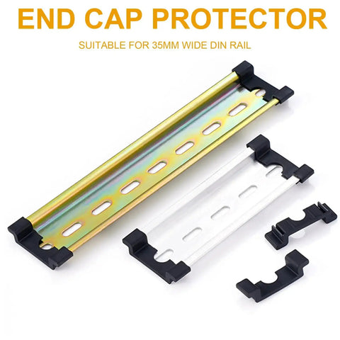 DIN Rail End Cap Protectors Set, 20 Pieces For 35mm Wide NS Rails, Cut Resistant Shield To Cover Rail Ends, black end caps shown