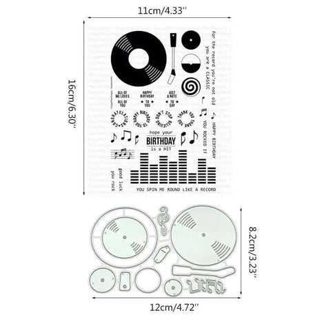 Music CD Style Clear Stamp And Die Set For Card Making And Scrapbooking Do It Yourself Embossing Kit showing vinyl and music notes.
