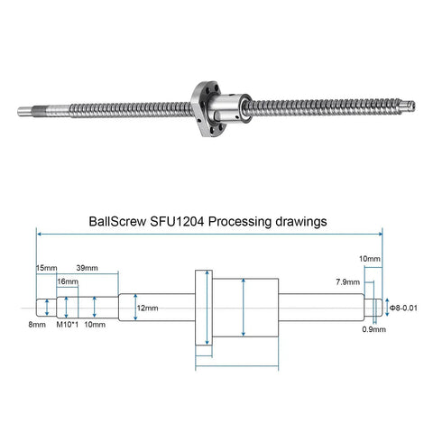 SFU1204 Ball Screw Kit 12mm Dia 4mm Lead 350mm Long With Ball Screw Nut Anti Backlash End Machining For BK BF12 CNC Machines diagram