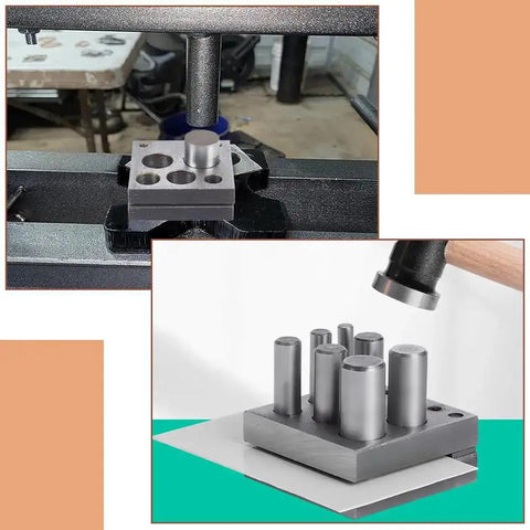 Five Piece Disc Cutter Set with Five Round Punch Sizes shown in use for jewelry making and metal forming, durable high quality steel