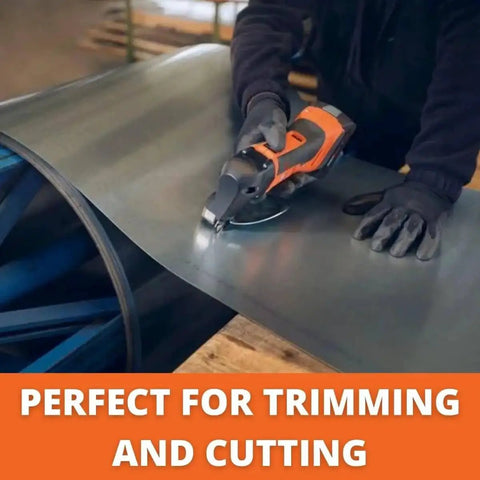 Person using cordless sheet metal shears for distortion-free cutting up to 16 gauge, compatible with AMPShare and Bosch 18V battery.