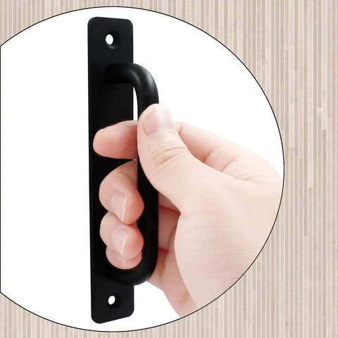 Hand holding 12 Pieces Aluminum Alloy Barn Door Handles 148mm 5.8 Inch Sliding Pulls For Cabinets Closets Drawers Black Finish