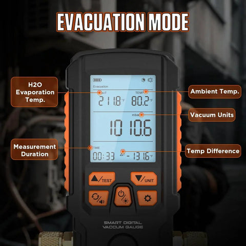 Digital Vacuum Gauge Pro For HVAC And Vacuum Pumps With 0.2 Percent Accuracy 0-2000 Mbar Range Four Units in evacuation mode display