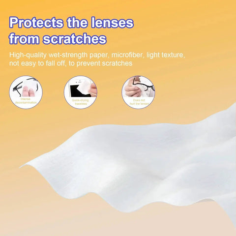 Pre Wet Lens Wipes For Eyeglasses And Camera Lenses Screens Packaged 200 Pcs, close-up of wipe texture on orange background.