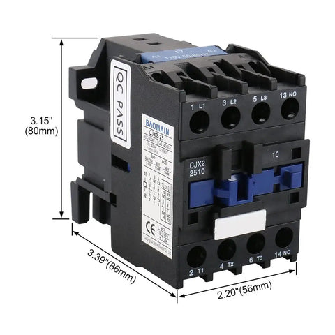 Three-Pole AC Contactor CJX2-2510 With 110VAC Coil, 3NO And 1NO Auxiliary, 660V Three-Phase, DIN Rail Mount, side view with dimensions