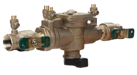 Watts 009-QT 1-inch reduced pressure zone backflow preventer for irrigation, brass body with green test ports.