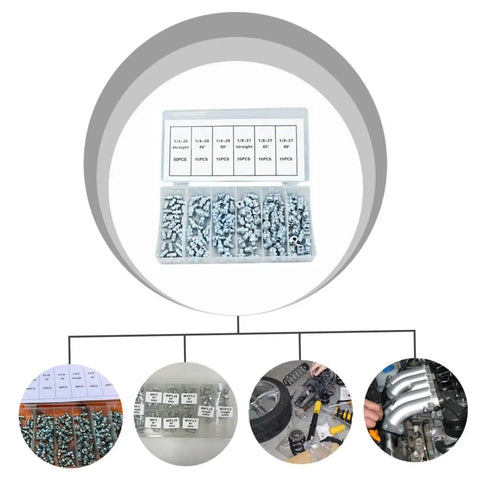 Hydraulic Grease Nipples And Fittings Kit - 260-Piece Metric And Imperial Assortment for lubricating bearings, visible with storage box