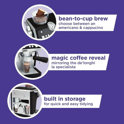 Collage of front, side, and storage views of a silver and black De’Longhi toy coffee machine with cup