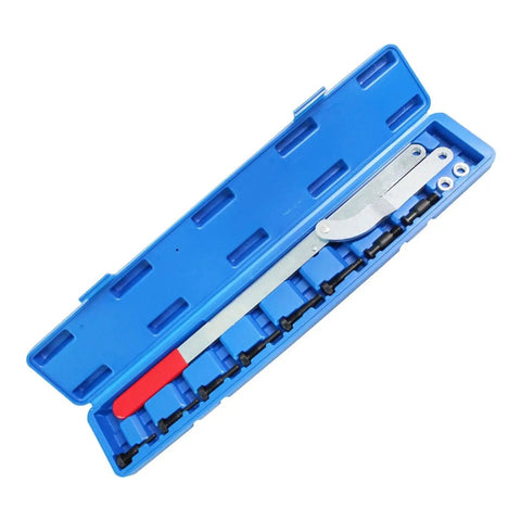 Front view of camshaft timing lock tool set in blue case; long metal locking bar with red handle and multiple pins